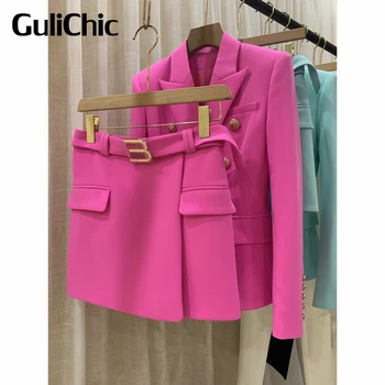 3.22 GuliChic Moda Düz Renk Rahat Kruvaze İnce Blazer Veya Kemer Mini Etek Seti Kadın