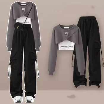 Kadın 2023 İlkbahar Sonbahar Tatlı Serin Takım Elbise Kore Baskı Gevşek Tasarım Kazak Askısı İş Geniş Bacak Pantolon Üç Parçalı Set