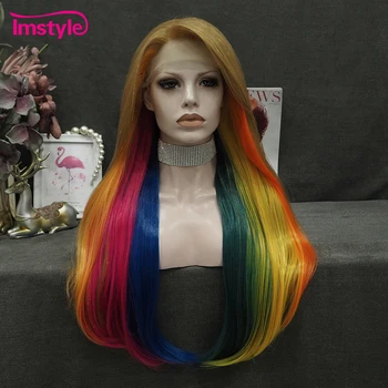 Imstyle Tinsel Dantel Peruk Gökkuşağı Sentetik Dantel ön peruk Uzun Düz Saç Renkli Peruk Kadınlar İçin Parti Renkli Peruk