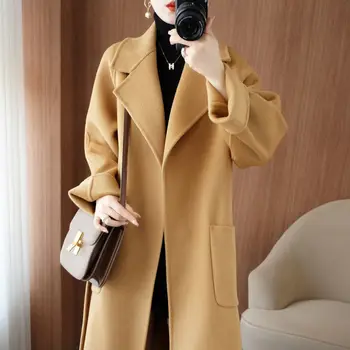 2023 Sıcak Kadın Klasik Cepler Kadın Giyim Gevşek Kadın Mont Şık Rahat Uzun Ceket Uzun Kollu Yün Ceket V6