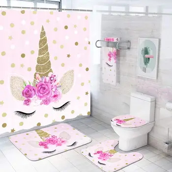 Unicorn Duş perde seti Kaymaz Kilim ile Tuvalet kapak Banyo Paspas Pembe Karikatür Unicorn Banyo perde seti Çocuklar için kız