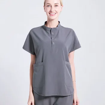 Mandarin Yaka Scrubs Streç Kadın hemşire üniforması Büyük Boy tıbbi fırça Seti Hastane Diş Hemşireliği Tunik İş Giysisi 19SS016
