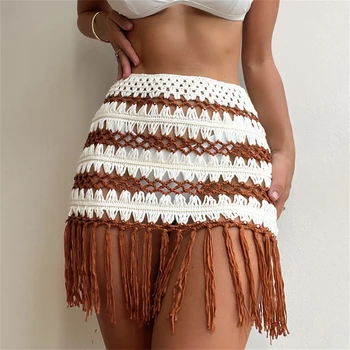 Örme Tığ Çizgili Mini Etekler Kadın Yaz Hollow Out Püskül Bikini kısa elbise Seksi Plaj Tatil Parti Dipleri Vestidos