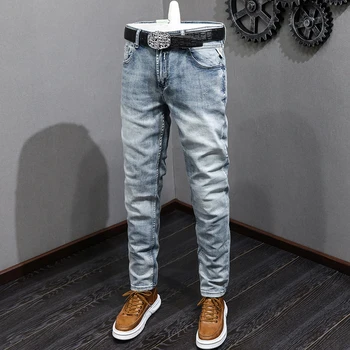 Moda Tasarımcısı Erkek Kot Retro Açık Mavi Elastik Streç Slim Fit Yırtık Kot Erkekler günlük pantolon Vintage Denim pantolon Hombre