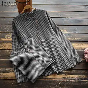 Zarif kadın Patchwork Bluzlar ZANZEA 2023 Bahar Ekose Gömlek Casual Blusas Kadın Düğme Blusas Tunik Chemise 
