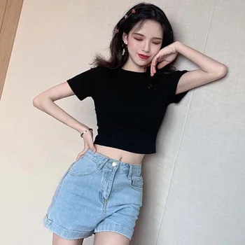 Z1376 2021 yaz yeni Kore kısa dip gömlek net kırmızı ince zayıflama düz renk kısa kollu tişört kadın