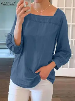 ZANZEA Moda Denim Bluz Yaz Kadın 3/4 Kollu Tunik Gömlek Kadın Kare Yaka Düz Renk Bluzlar Vintage OL Çalışma Tops