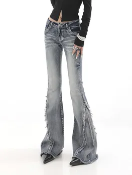 WCFCX STÜDYO Yıkanmış Flare Pantolon Kore Moda Yüksek Y2k Baggy Vintage Kot kadın Yüksek Bel kadın kot pantolon