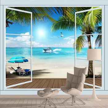 3d Palmiye Ağacı Deniz Plaj Duvar Kağıtları Oturma Odası için İletişim Duvar Resimleri Duvarlar Rulo Ev Dekorasyon Kabuğu ve Sopa Mobilya Sticker