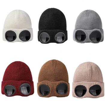 2023 Kış erkek Şapka Şapka Lensler ile Kazak Sıcak Örme Kazak Şapka Bere Kalın Yün Kapaklar Erkekler Kadınlar İçin Ücretsiz Kargo