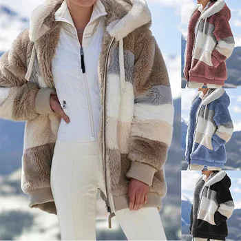 Kadın Ceket Moda Patchwork Peluş Fermuar kapüşonlu ceket Dış Giyim Kış Sıcak Faux Kürk Cep Gevşek Parka Kadın Ceket Artı Boyutu