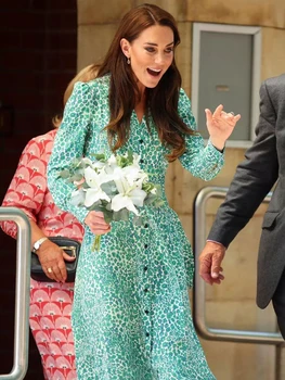 Kate Prenses Bahar Sonbahar Yeni Kadın Baskı Gömlek Elbise Rahat Moda Ofis Parti Zarif Vintage Tasarımcı Ince Midi Elbiseler