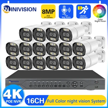 16CH 4K POE NVR Kiti Güvenlik Renkli Gece Görüş Kamera Sistemi İki Yönlü Ses 8MP AI Kamera Açık P2P CCTV Video gözetleme seti