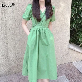Moda Sadelik kadın Düz Renk Bel Elbise Kadınlar için Yaz Kore Rahat Puf Kollu V Yaka Elbiseler Kadın Giyim