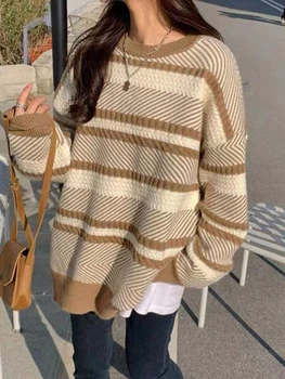 Sonbahar Kış Yeni Şerit Kore Moda Rahat Tarzı kadın Örme Gevşek Kazak Uzun Kollu kadın Yuvarlak Boyun Üst Kazak