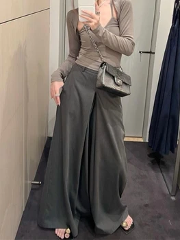 HOUZHOU Rahat Gri kadın Culottes Şık Zarif Geniş Bacak Kadın Büyük Boy Kore Moda Vintage Yüksek Bel Pantolon Streetwear