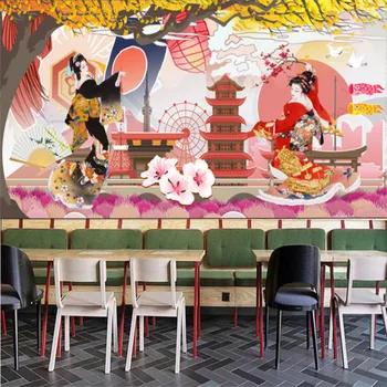 El Boyalı Sakura Kimono Bayan Japon Restoran Duvar Kağıtları Endüstriyel Dekor Arka Plan duvar kağıdı Duvar Papel De Parede