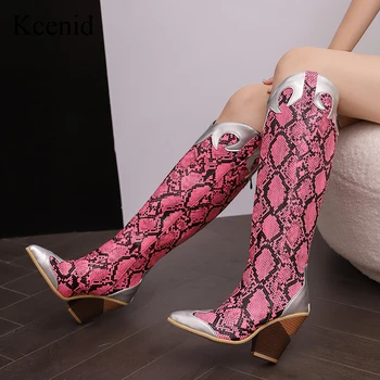 Kcenid Yeni Yılan Baskı Ayakkabı Karışık Renk Diz Yüksek Çizmeler Kış Kadın Ayakkabı Sivri Burun Patchwork Cowgirl Denim Batı Çizmeler
