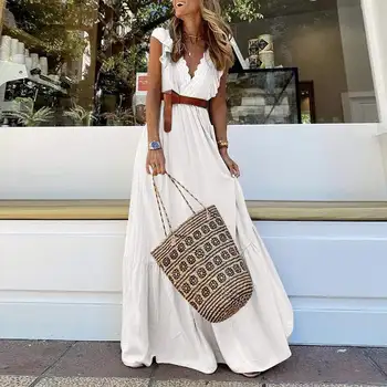 V Yaka Dantel Dikiş Kolsuz Elbiseler Yüksek Bel Casual Ruffled A-line Etek Katı Mizaç Commuting Beyaz Elbise Kadın