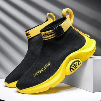 Bahar Tasarım Örgü Sarı Çorap Ayakkabı Erkek Hafif Nefes erkek koşu ayakkabıları Slip-on Mektup Platformu Sneakers Erkekler