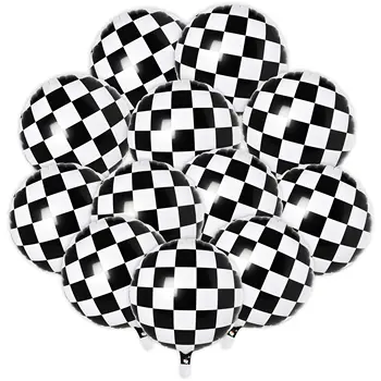 10Pcs18 İnç Damalı Yarış Balonları Helyum Folyo Siyah ve Beyaz Damalı Balon Çocuk Yarış Arabası Temalı Doğum Günü Partisi Malzemeleri
