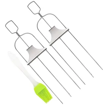 Metal Izgara Şiş 3 Uçlu Şiş Metal barbekü sopası Kebap Şiş 2 adet Paslanmaz Çelik Izgara Çubukları İtme Çubuğu İle Yeniden Kullanılabilir