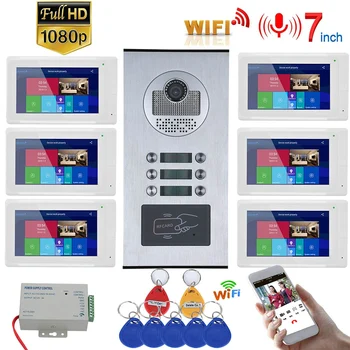 7 inç Kayıt Kablolu Wifi Video Interkom 6 Daire 6 Aile RFID Diyafon Sistemi IR-CUT HD 1080 P Kapı Zili Kamera