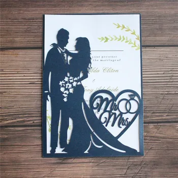Düğün davetiyesi kartı çiçek Mr Mrs kalp lazer kesim cep çok renkler özel baskı