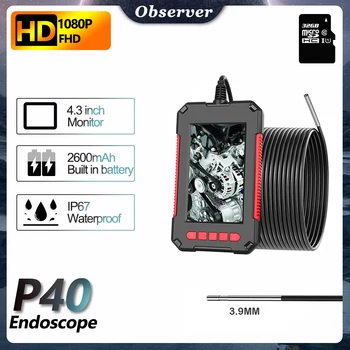 3.9 mm Endüstriyel Endoskop Kamera 1080P HD 4.3 İnç IPS Boru Araba Muayene Borescope IP67 Su Geçirmez 8 led ışık SD Kart