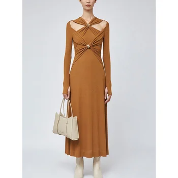 Kadın Moda Örme Elbise Çapraz Hollow Out Parlak Çizgi Bel Orta Streç Zarif Elbiseler Sonbahar 2023 Yeni