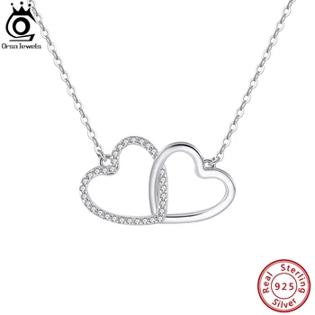 ORSA JEWELS 925 Ayar Gümüş Çift Aşk Kalp Kolye Moda CZ Kolye Kadınlar için Yıldönümü doğum günü hediyesi Takı SN340