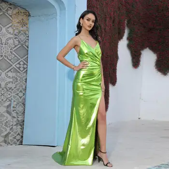 Seksi Parti Elbiseler Yeşil Pürüzsüz Zarif Uzun Durum Elbise Ön Yarık Backless Yeşil Kadın Akşam Yaz Gece Elbisesi Yeni