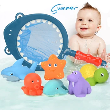 7 ADET Bebek Banyo Oyuncakları Ağ Çantası Pick up Ördek ve Balık Discolor Denizyıldızı Çocuk su oyuncakları Yumuşak Kauçuk Hayvan Su Püskürtme banyo oyuncakları