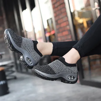 Kadın yürüyüş ayakkabısı Çorap Sneakers Üzerinde Kayma örgü Platformu hava yastığı Atletik hemşire ayakkabıları Kemer Desteği Rahat Zapatillas