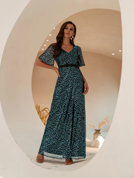 Melek modası kadın Çarpıntı Kollu V Boyun Bölünmüş Uyluk Backless Düğüm Pullu Balo Elbise Kat Uzunluk Düğün Akşam Parti Kıyafeti