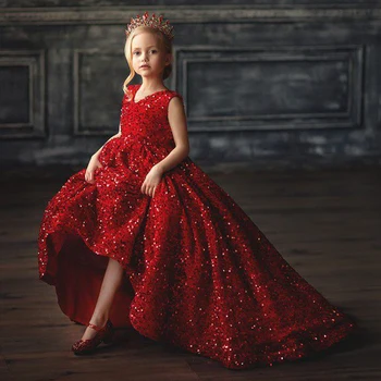 Kırmızı Balo Çiçek Kız Elbise O Boyun Kolsuz parlak pullar Uzun Kız Doğum Günü Elbisesi Çocuklar Mezuniyet Partisi Elbiseleri