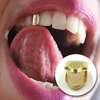 Altın kaplama Küçük tek Diş Kapağı Altın Kaplama Hip Hop Diş Grillz Kapaklar üst veya alt ızgara Yanlış diş Beyazlatma Diş Kapağı