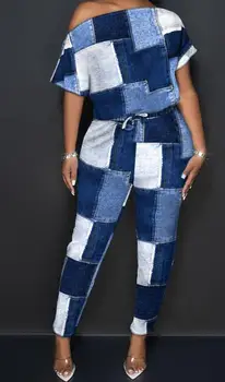 Kadın Tulum 2023 Yaz Moda Denim Görünüm Baskı Eğik Boyun Rahat Kısa Kollu Günlük Bağlı Detay Uzun Tulum Streetwear