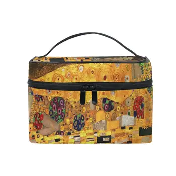 Öpücük Gustav Klimt Kadın kozmetik çantası Seyahat Organizatör Makyaj Kutusu Tuvalet Kiti Yıkama Tuvalet Çantası Büyük Su Geçirmez Kılıfı