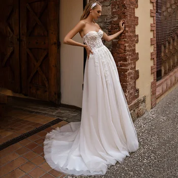Klasik Straplez Sevgiliye düğün elbisesi Aplike A-Line Kolsuz Seksi Yüksek Yan Yarık Kat Uzunluk Gelin Backless Abiye