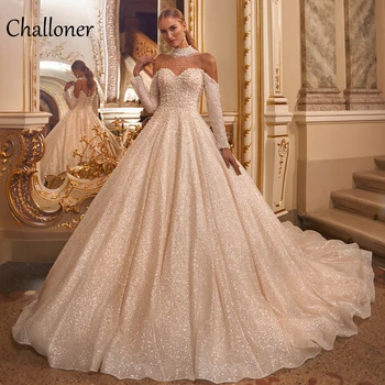 Challoner Sparkly Zarif düğün elbisesi Yüksek Boyun Uzun Kollu Dantel Payetli Boncuklu gelin kıyafeti Katedrali Tren Vestidos Yeni