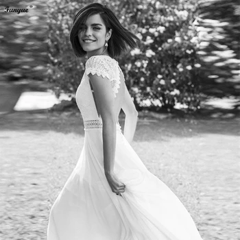 Funyue Bir Çizgi Şifon Vestido Boho düğün elbisesi Robe De Mariée 2021 Şık Dantel Üst Aç Geri V Yaka Plaj gelin kıyafeti gelin için