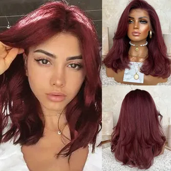 RONGDUOYI Kısa Bob Doğal Dalga Sentetik Peruk Bordo kızıl Saç Omuz Uzunluğu Dantel ön peruk Kadınlar için Cosplay Makyaj Giyim