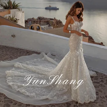 YunShang Plaj V Yaka düğün elbisesi Kolsuz Tül Dantel Aplikler Seksi Mermaid Gelin Kıyafeti Backless Pleats Tren robe de mariée