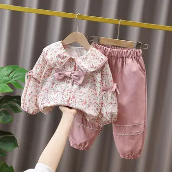 Kız Takım Elbise İlkbahar Ve Sonbahar 2023 Yeni Moda Batı tarzı Çiçek Üst Çocuk Yay Dekorasyon İki parçalı Set Ücretsiz Kargo