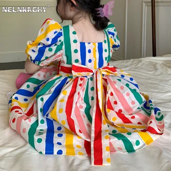 2023 yeni yaz çocuk bebek prenses puf kollu gökkuşağı nokta baskı yay diz boyu elbiseler