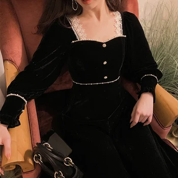 Fransız Kadife Uzun Kollu siyah elbise Retro Dantel Kadın Kare Yaka uzun elbise Tasarımcı Kış Tek parça Bayan Parti Goth Elbise