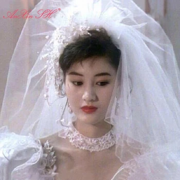 AnXin SH vintage gelin beyaz çiçek peçe gül boncuk inciler düğün elbisesi sahne evlilik Fransız önerisi pembe dantel gelin peçe