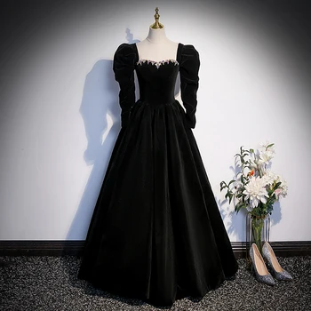Akşam Elbise Siyah Kare Yaka Kat Uzunluk Üç Çeyrek Kollu A-Line Lace Up Kadife Artı Boyutu Kadın parti Elbiseler XE034