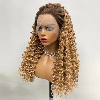 Ombre Kahverengi Renkli Sentetik Saç Uzun Kıvırcık Dantel ön Peruk Kadınlar için Zencefil Kahverengi Yüksek Sıcaklık Fiber Kıvırcık Peruk Cosplay